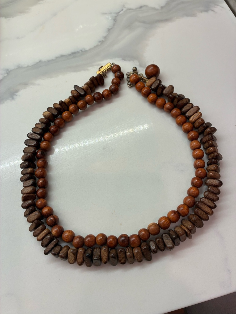 Handcrafted Double-Strand Wooden Bead Necklace - Brown